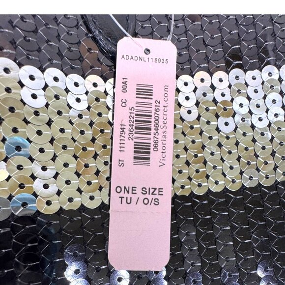 VICTORIA'S SECRET Large Travel Canvas/Sequin Striped Tote Bag Black W/ pouch New - Picture 4 of 14